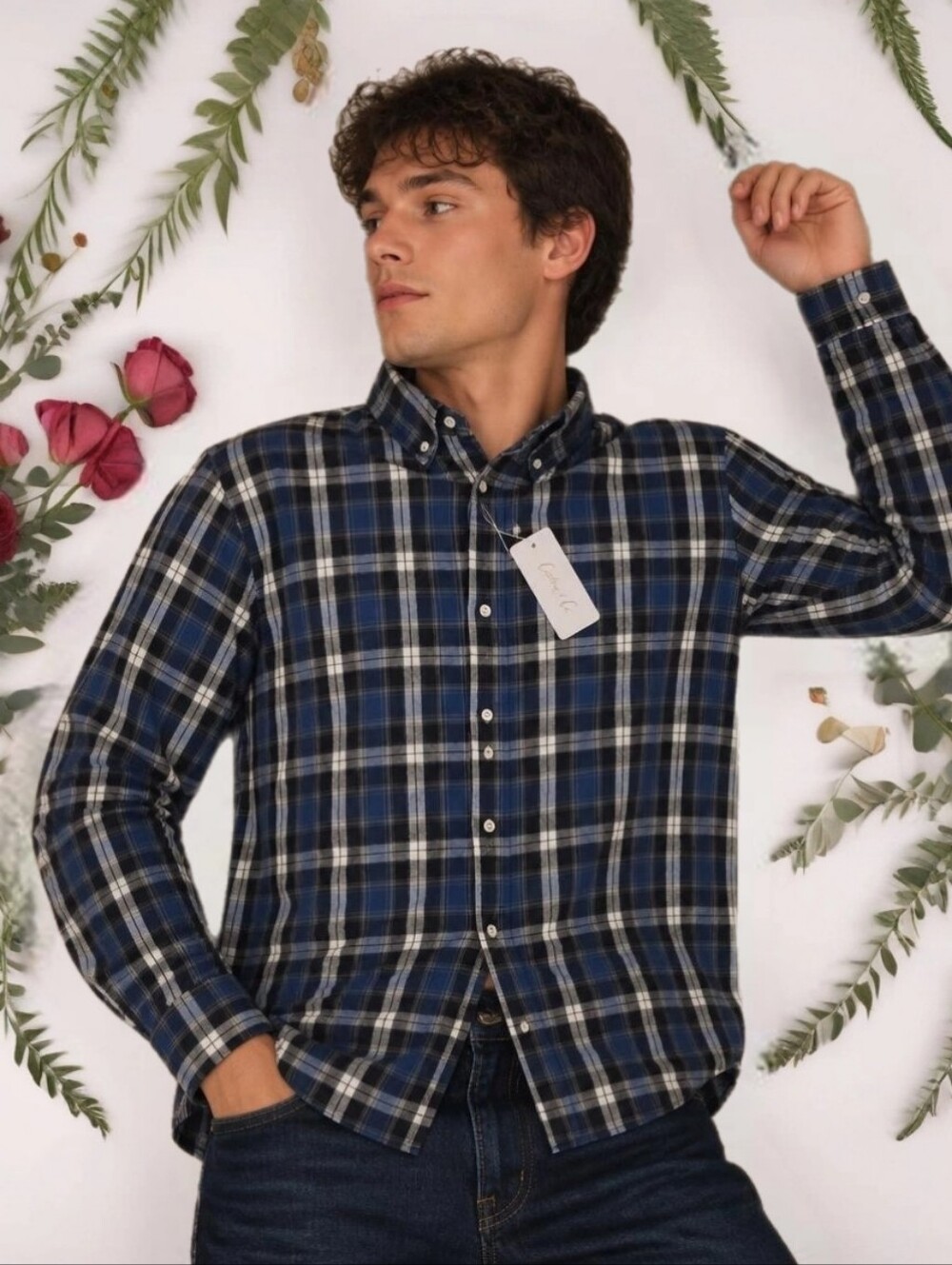 Blue Plaid Button-Front Long Sleeve Shirt Men XXL